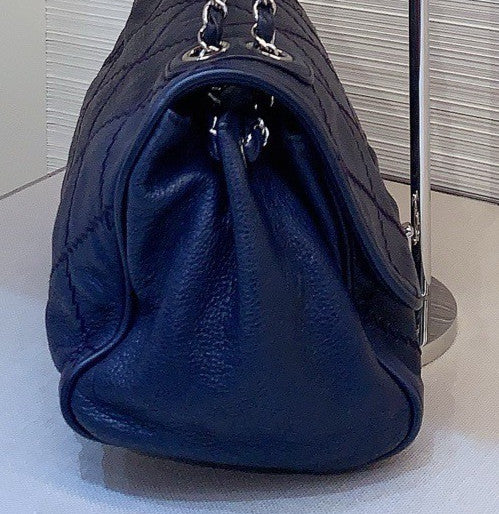 Chanel Calfskin Chain Shoulder Bag Blue Silver Used Women Classic Designer