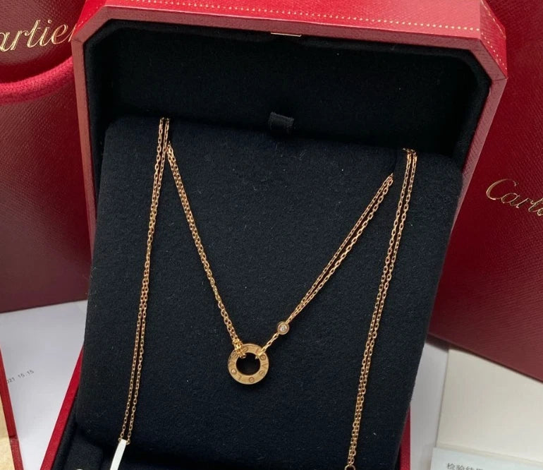 Cartier Love 18K Rose Gold 2 Diamonds Round Pendant Necklace