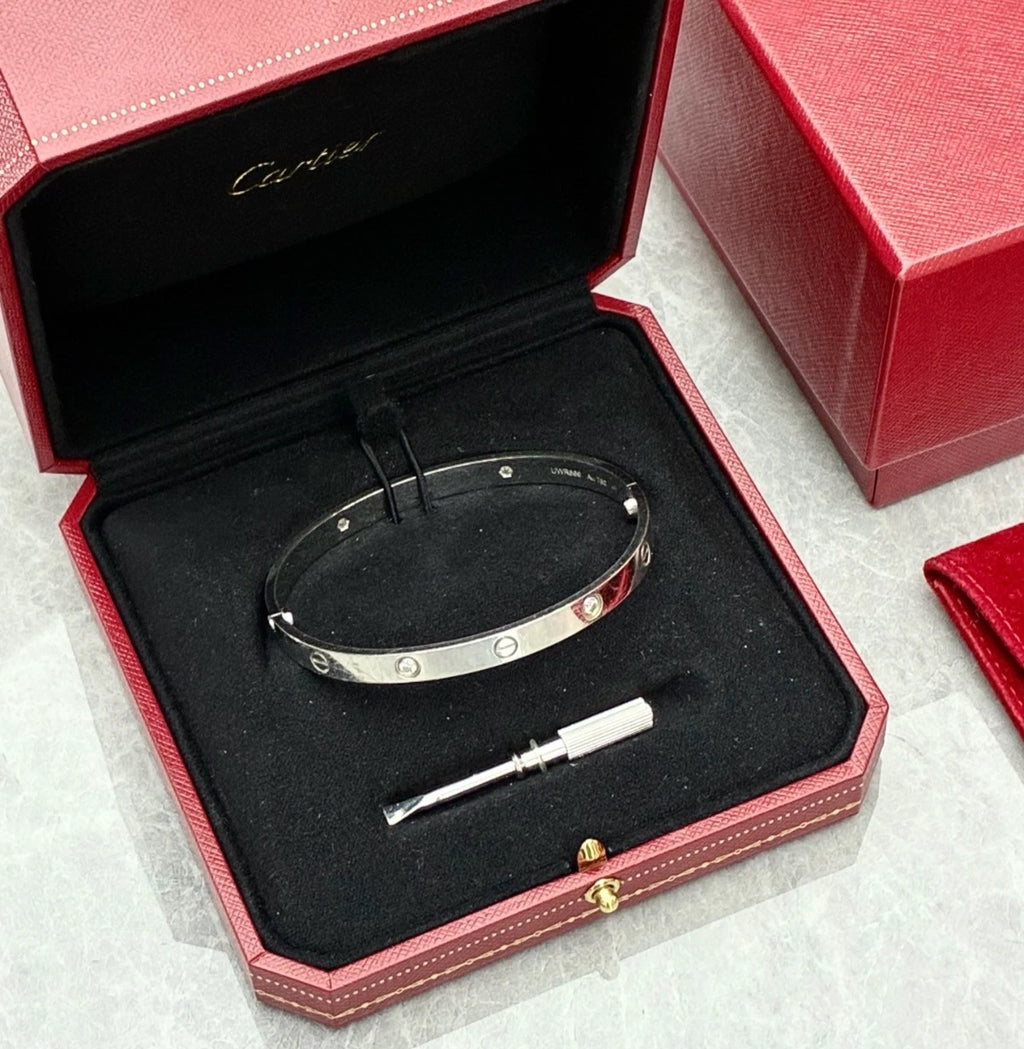 Cartier Love Classic Bracelet 18k White Gold Bangle 4Diamonds Size20
