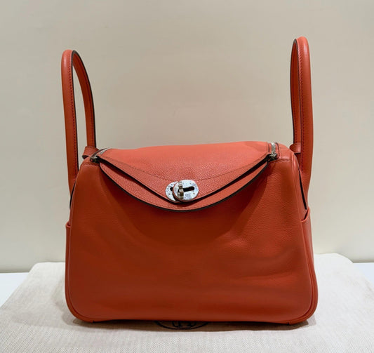 Hermes Lindy26 Top Handle Shoulder Bag Orange Silver Women Classic Fashion