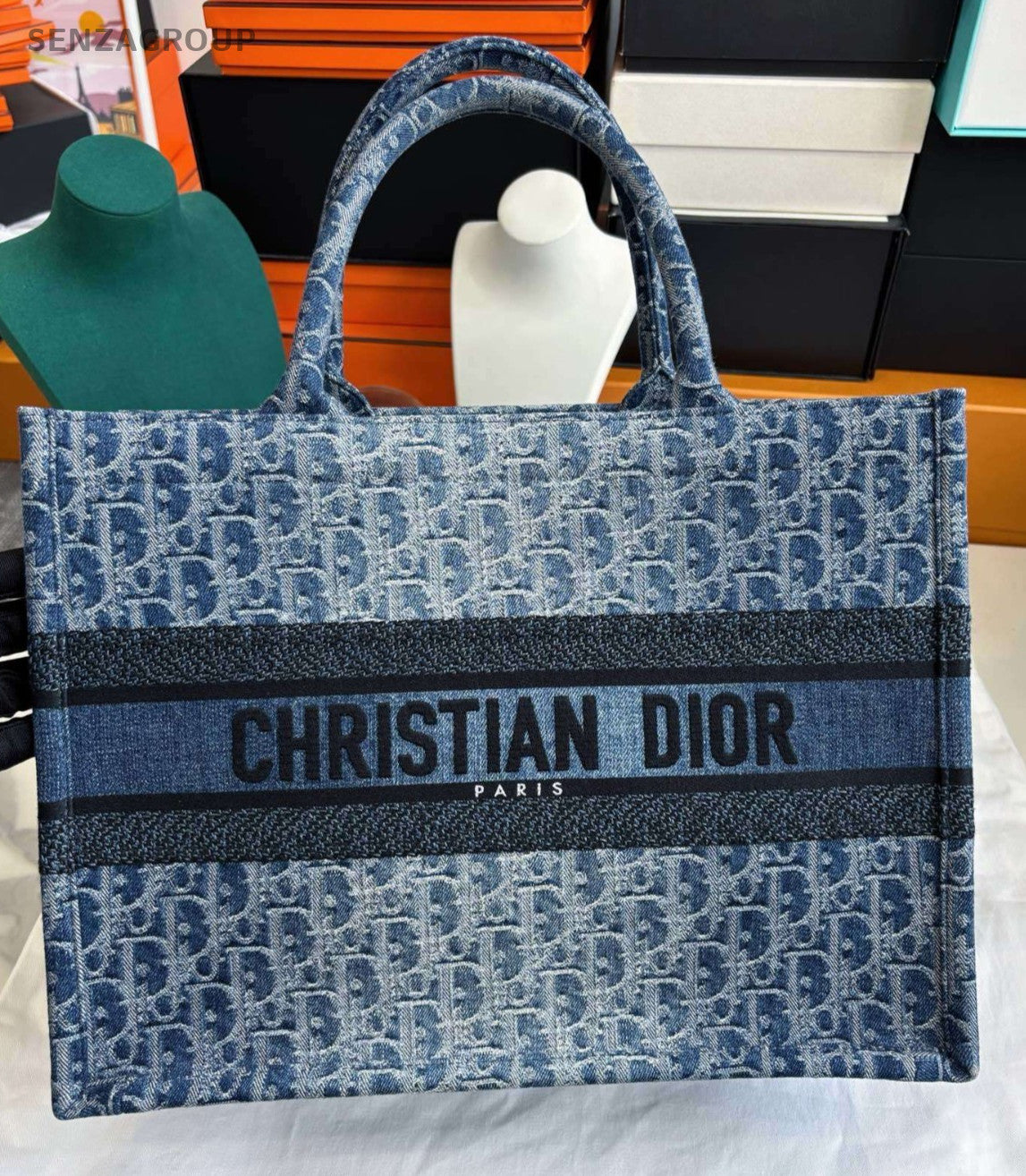 Christian Dior Book Tote MM Denim Oblique Top Handle Shoulder Bag Women Blue