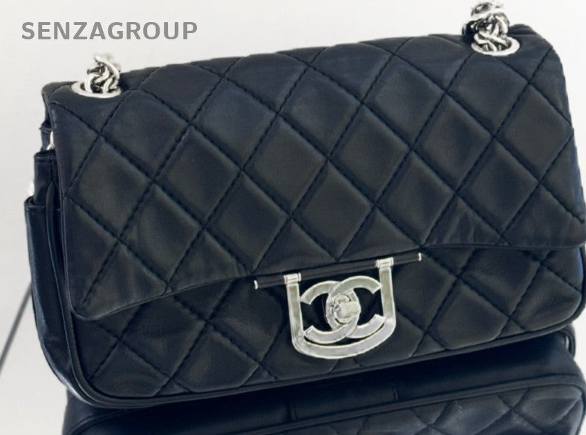 Chanel CF Edinburgh Lambskin Shoulder Bag Black Silver Women