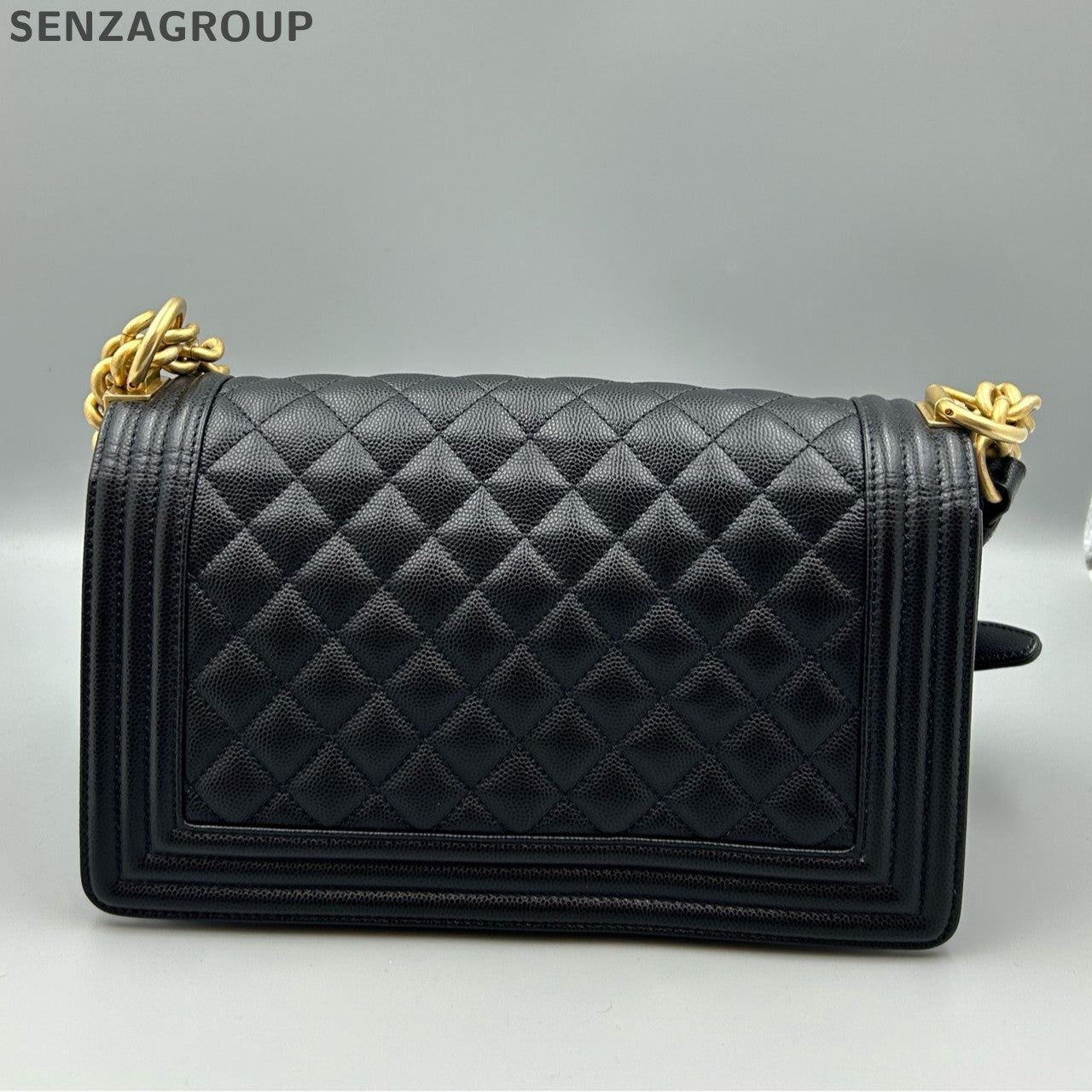 Chanel Le Boy Medium Black Gold Caviar Quilted Chain Shoulder Bag