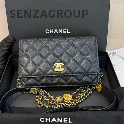 Chanel WOC Quilted Black Gold Chain Shoulder Crossbody Bag Classic Women