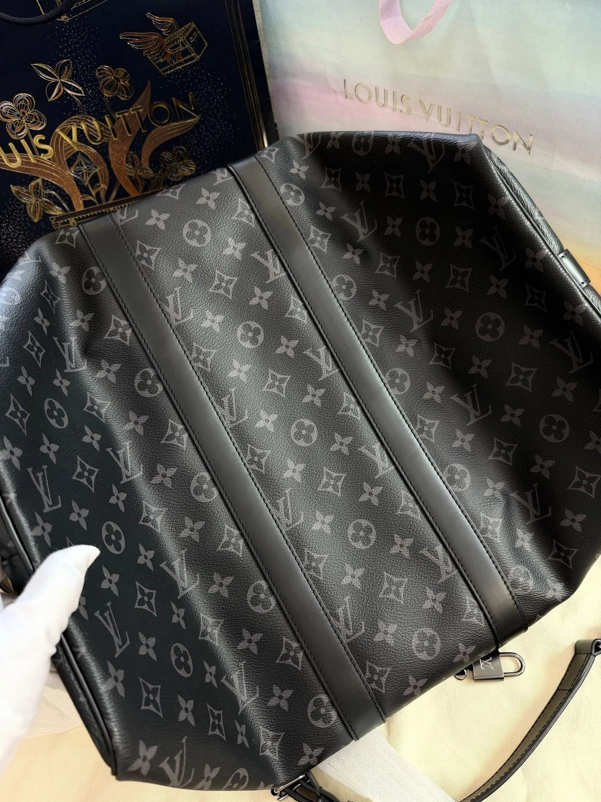 Excellent Louis Vuitton Keepall45 Black Monogram Canvas Handbag Shoulder Bag SHW