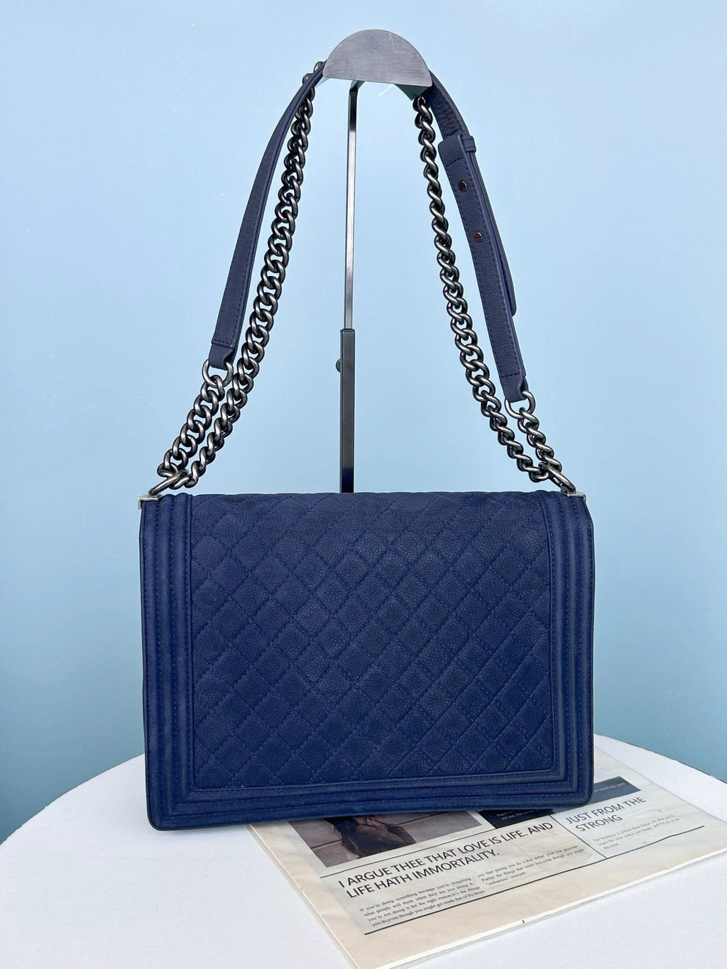 Chanel Leboy GM Calfskin Chain Shoulder Bag Crossbody Blue Silver Women