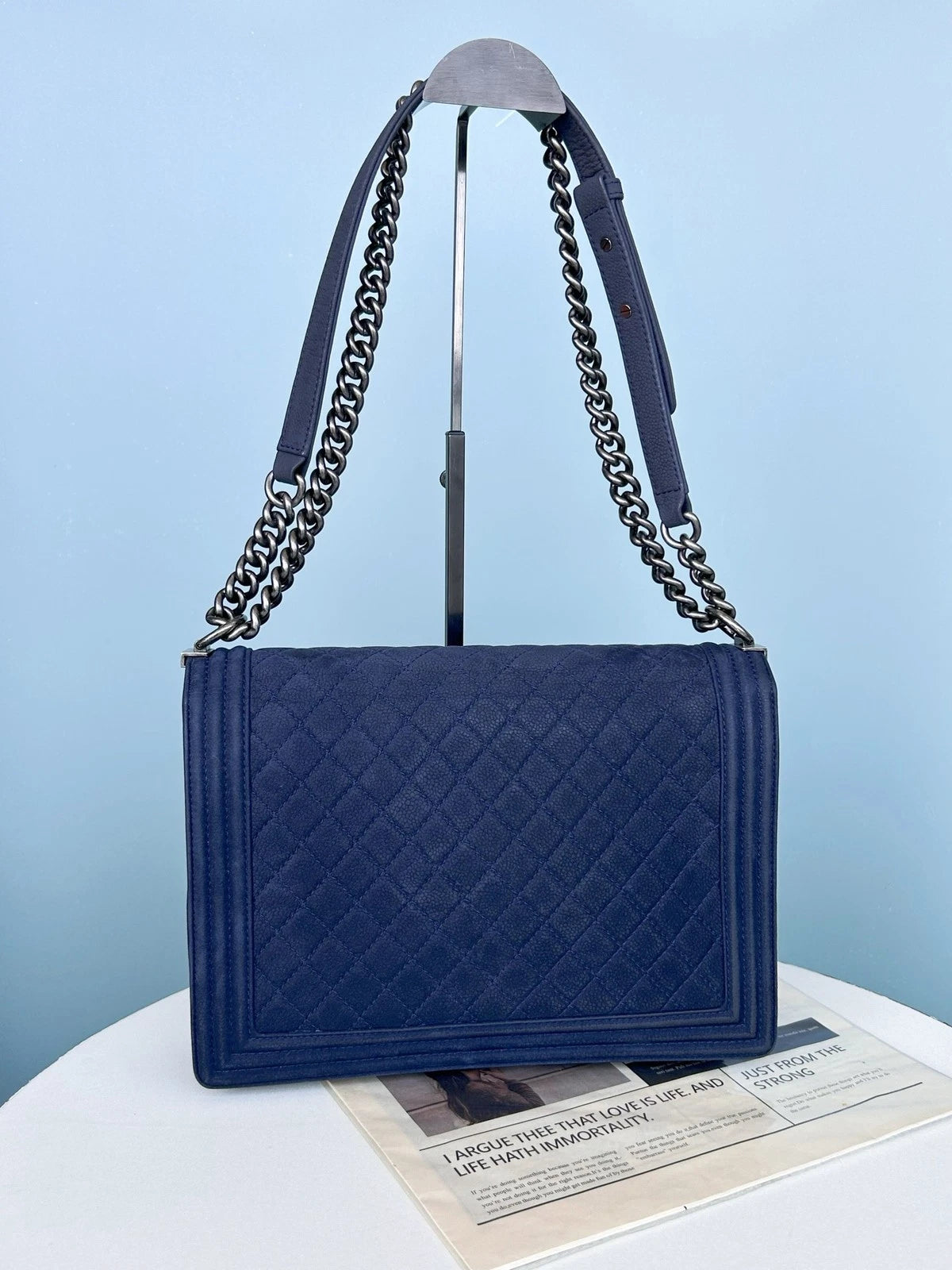 Chanel Leboy GM Calfskin Chain Shoulder Bag Crossbody Blue Silver Women