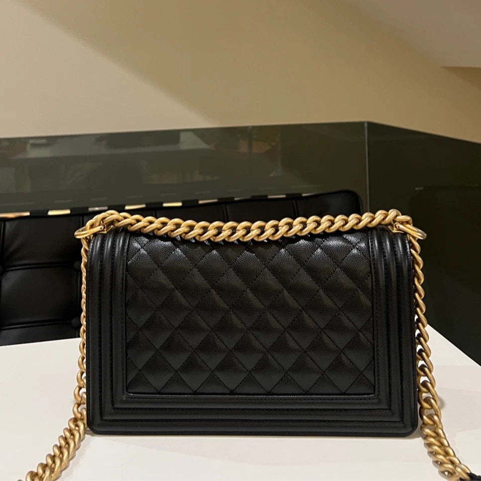 Authentic CHANEL Le Boy Medium Shoulder Bag Black with Gold Hardware