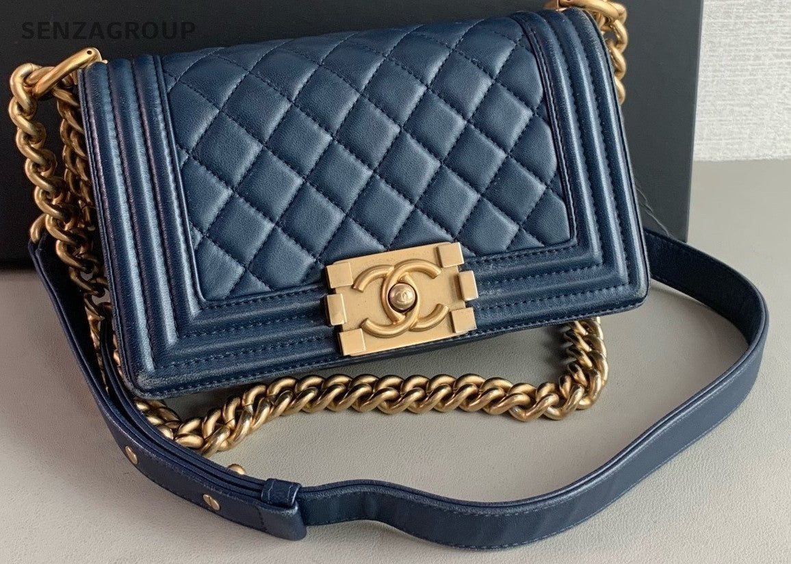 Chanel Le Boy PM Lambskin Chain Shoulder Crossbody Bag Navy Blue Women
