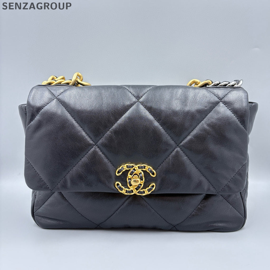 Chanel 19 Medium Flap Bag Black Gold Chain Shoulder Crossbody Bag