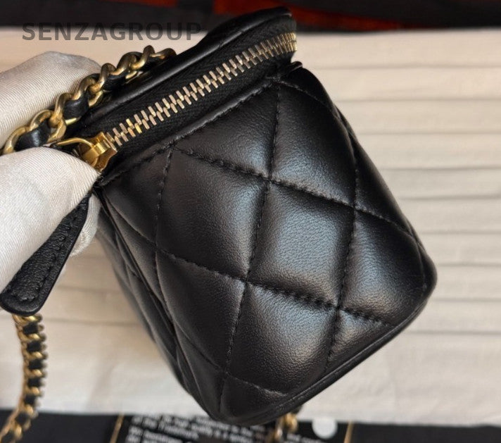 Chanel Box Chain Diamond Shoulder Bag Crossbody Black Gold Women Classic