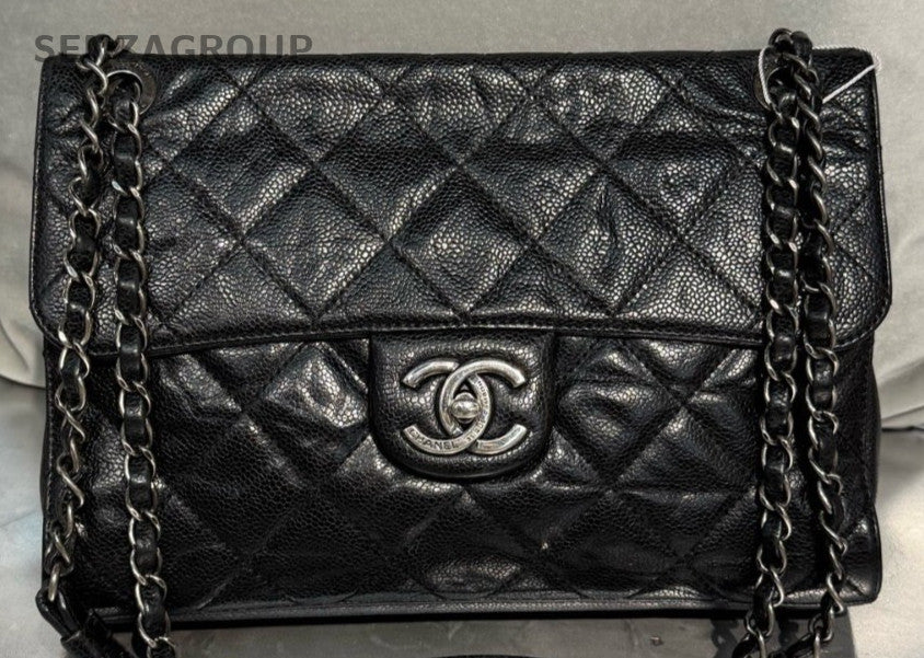 Chanel Classic Flap PM Calfskin Chain Shoulder Bag Black Silver Women Diamond