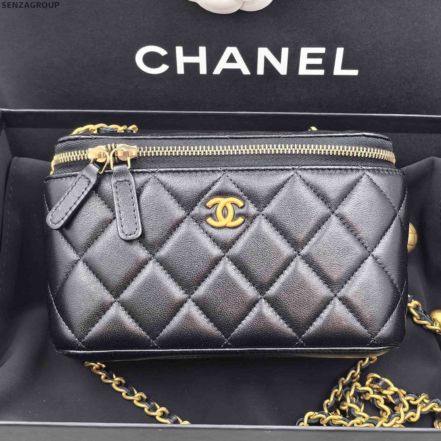 Chanel Classic Black Gold Quilted Chain Cosmetic Crossbody Bag
