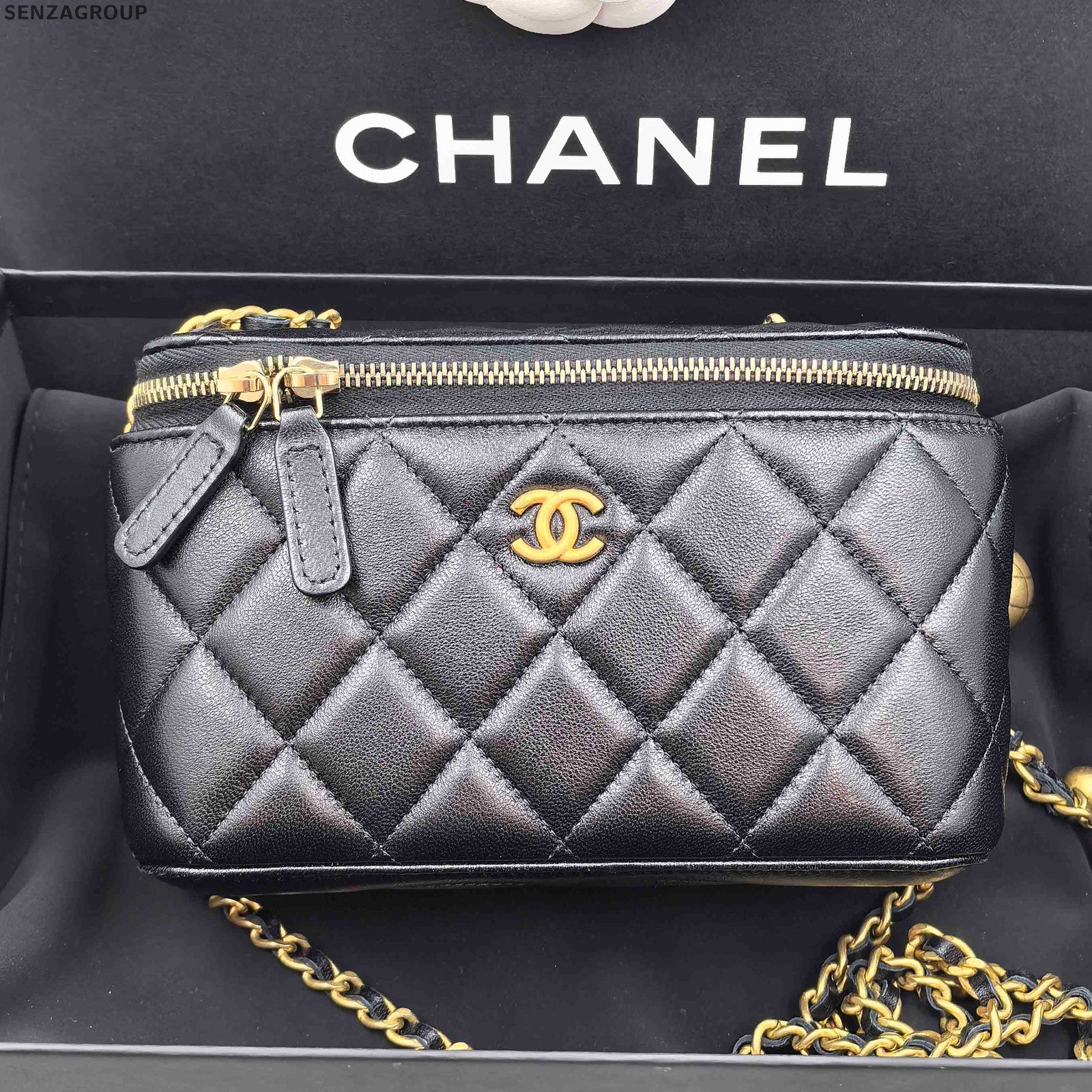 Chanel Classic Black Gold Quilted Chain Cosmetic Crossbody Bag