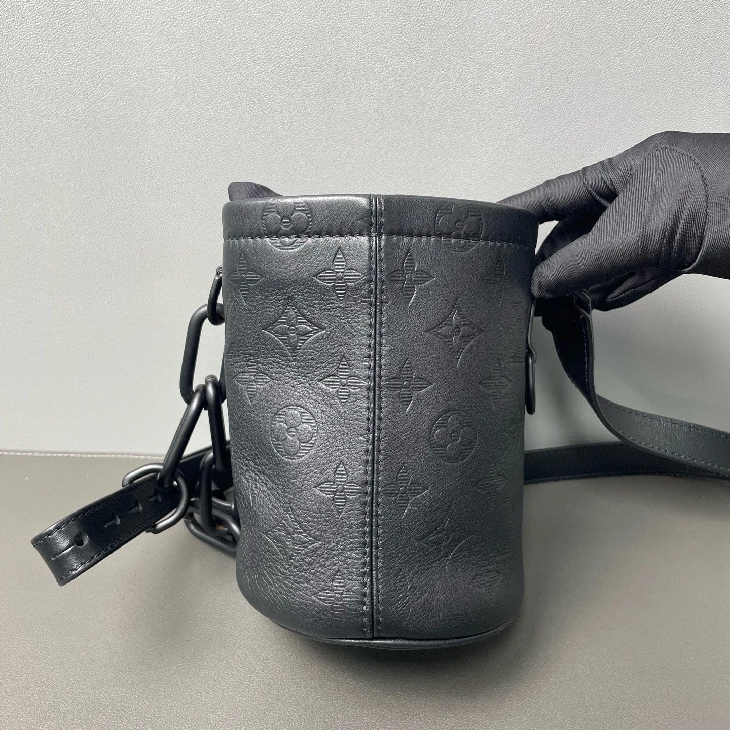 Louis Vuitton Black Embossed Chalk Nano Drawstring Bucket Crossbody Women