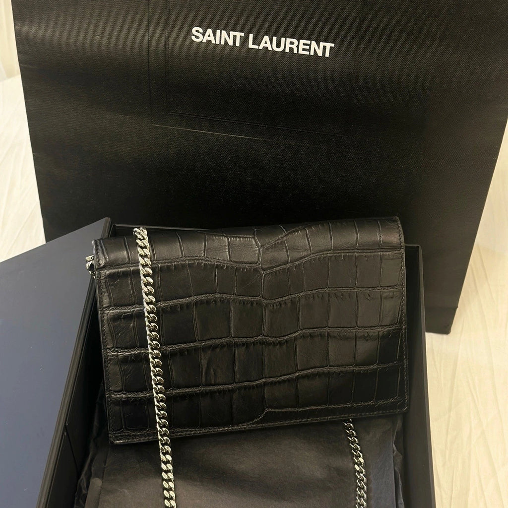 YSL Mini Croc Embossed Black Silver Chain Shoulder Bag For Women