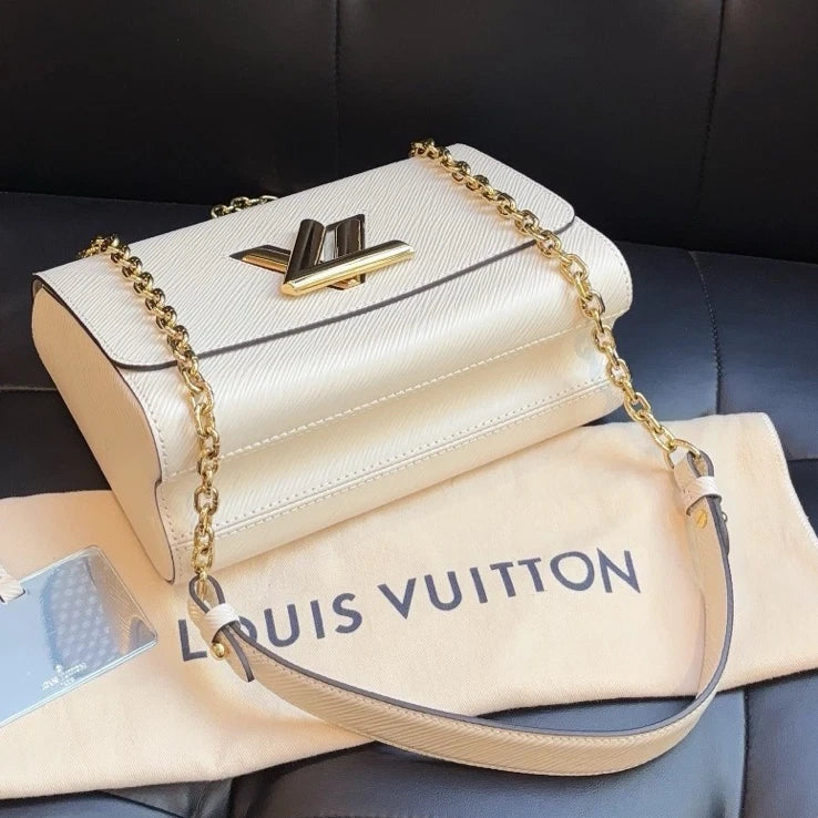 Louis Vuitton Twist MM Chain Shoulder Crossbody Bag White Gold Women Classic