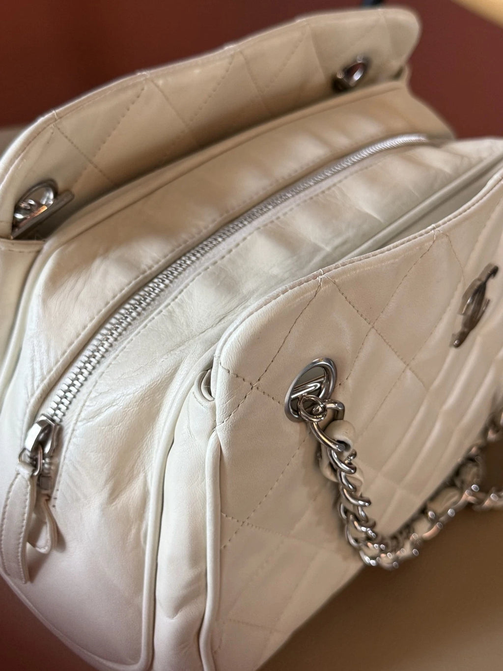 Authentic Chanel Bowling Lambskin Chain Shoulder Bag White Silver Hardware