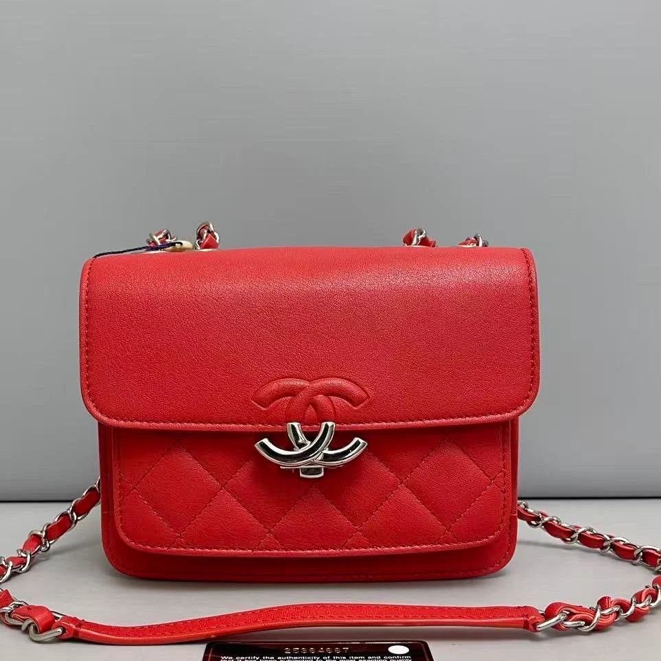 Chanel Cuba Calfskin Chain Shoulder Bag Crossbody Red Silver Women Classic