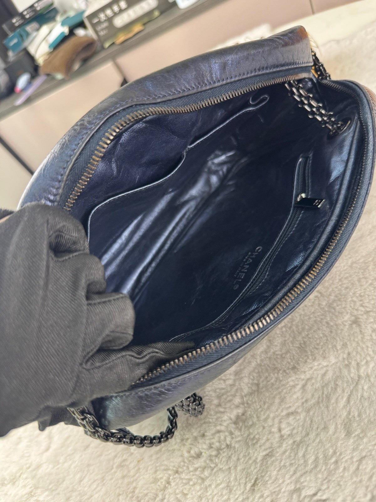 CHANEL 2.55 Camera bag Oil waxed leather Chain Shoulder bag Blue