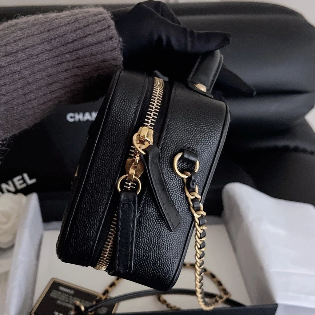 Chanel Camera Case PM Calfskin Chain Crossbody Black Gold Diamond Women Classic