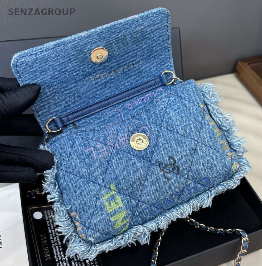Chanel Diamond Mini Denim Chain Shoulder Bag Crossbody Blue Gold Women Classic