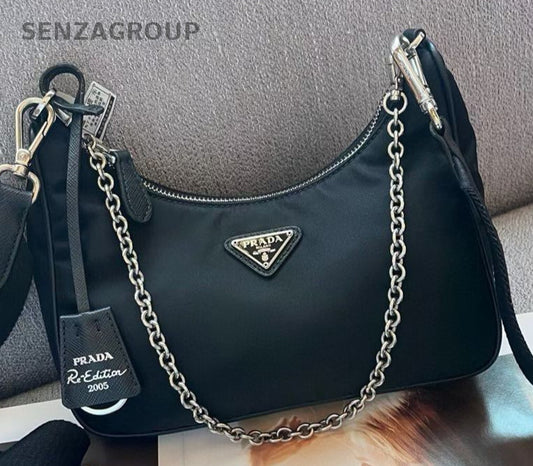 Prada Hobo Chain Shoulder Bag Crossbody Black Silver Used Women Classic