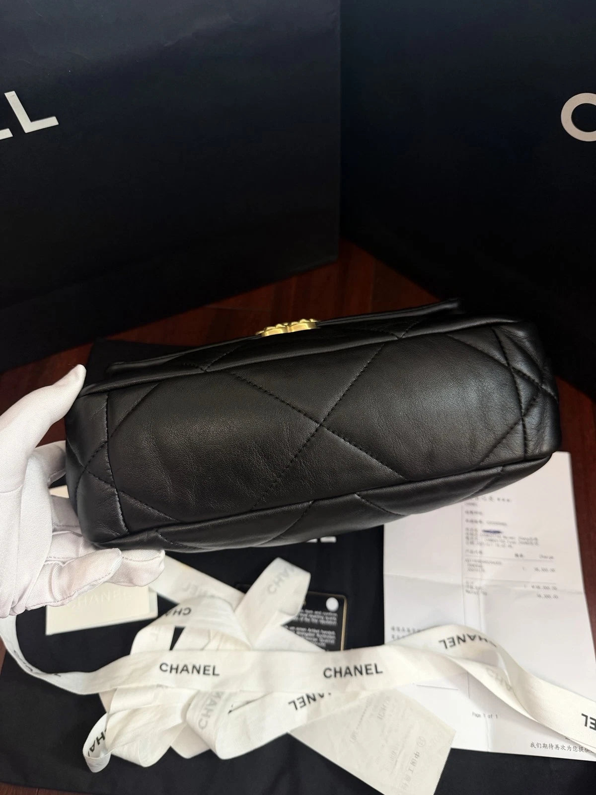 Chanel 19Bag PM Lambskin Chain Top Handle Bag Crossbody Black Gold Women
