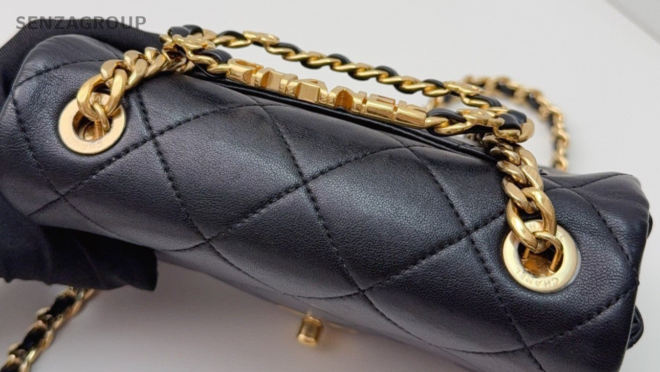 Chanel PM Chain Shoulder Bag Crossbody Black Gold Women Classic