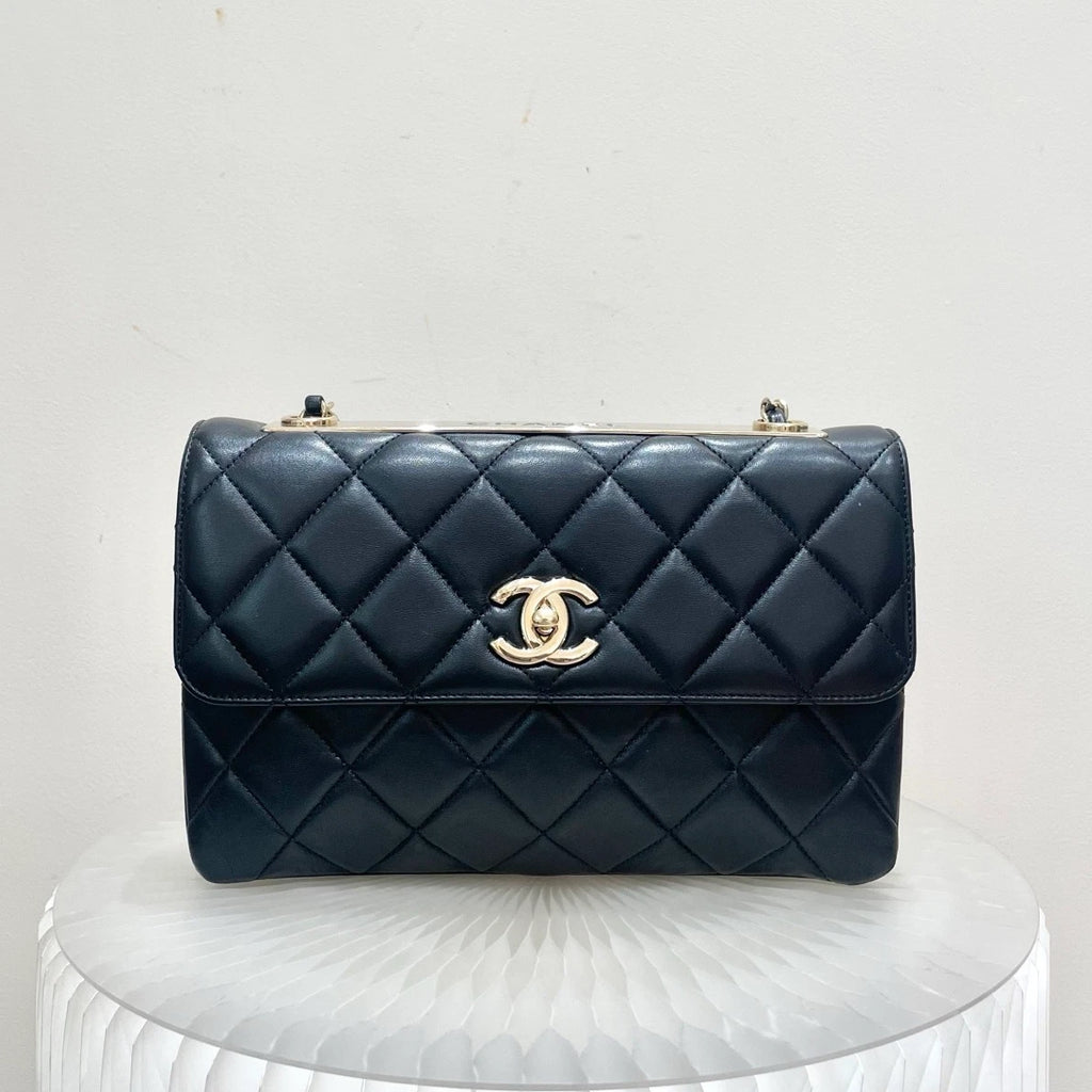 Chanel Trendy CC Lambskin Chain Shoulder Bag Black Gold Women Diamond Classic