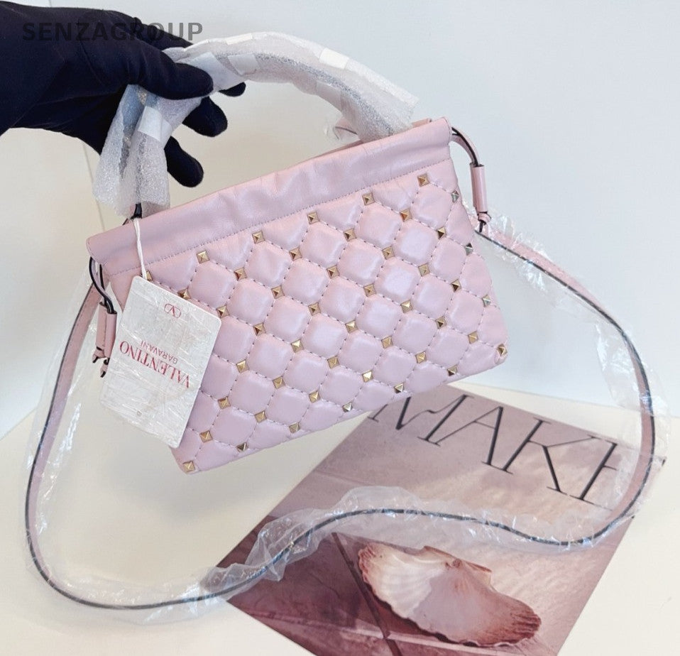Valentino Riveted diamond pattern Top Handle Shoulder bag Pink Women Brand NEW