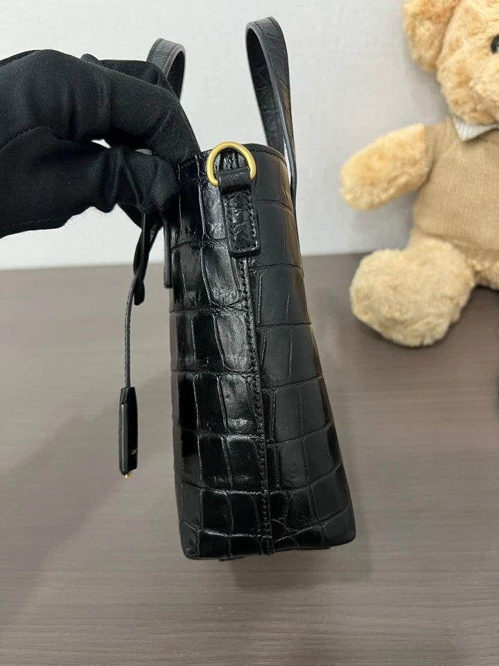 YSL Black Gold Crocodile Embossed Mini Tote Bag For Women