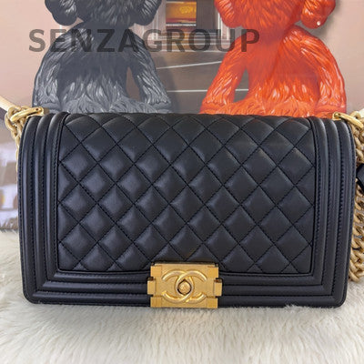 Chanel Black Caviar Leather Medium Le Boy Chain Shoulder Bag Quilted