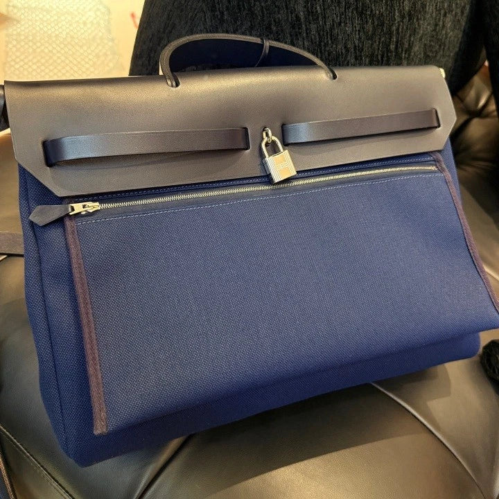 Hermes Herbag39 Canvas Top Handle Shoulder Crossbody Blue Silver Women D