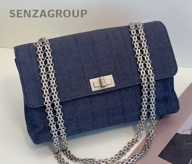 CHANEL 2.55 Denim Chain Shoulder bag Crossbody Women Blue