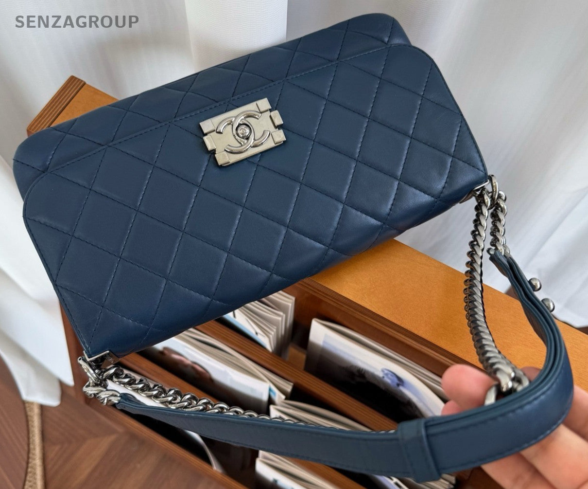 CHANEL Leboy Calfskin Chain Shoulder bag Crossbody Women Blue Silver