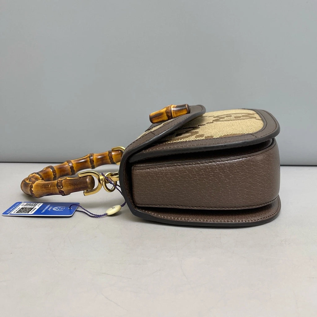 Authentic Gucci Bamboo Canvas Top Handle Crossbody Bag Brown Gold Hardware