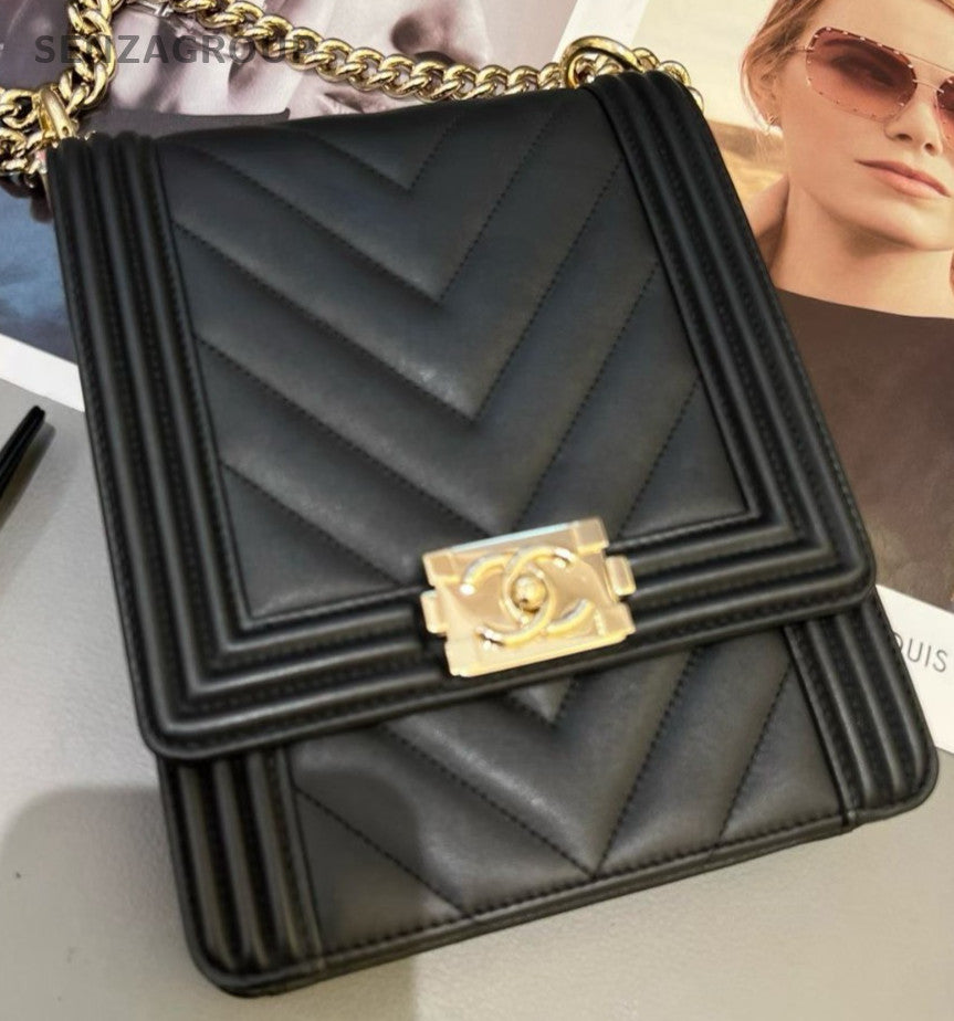 Chanel Leboy Calfskin Chain Crossbody Black Gold Women Classic Designer
