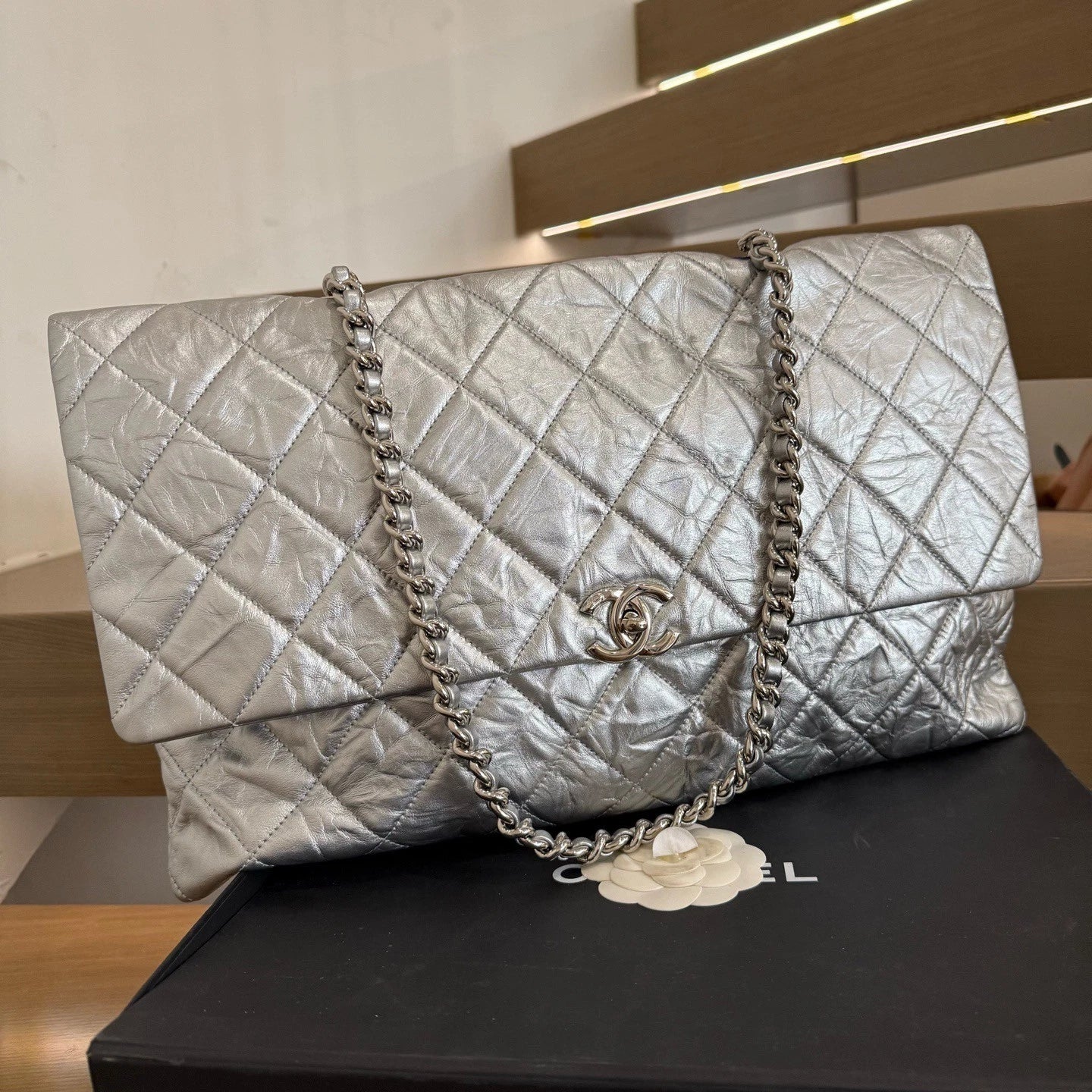 Chanel Airport Flap GM Shoulder Bag Silver Turn Lock Women Fashion