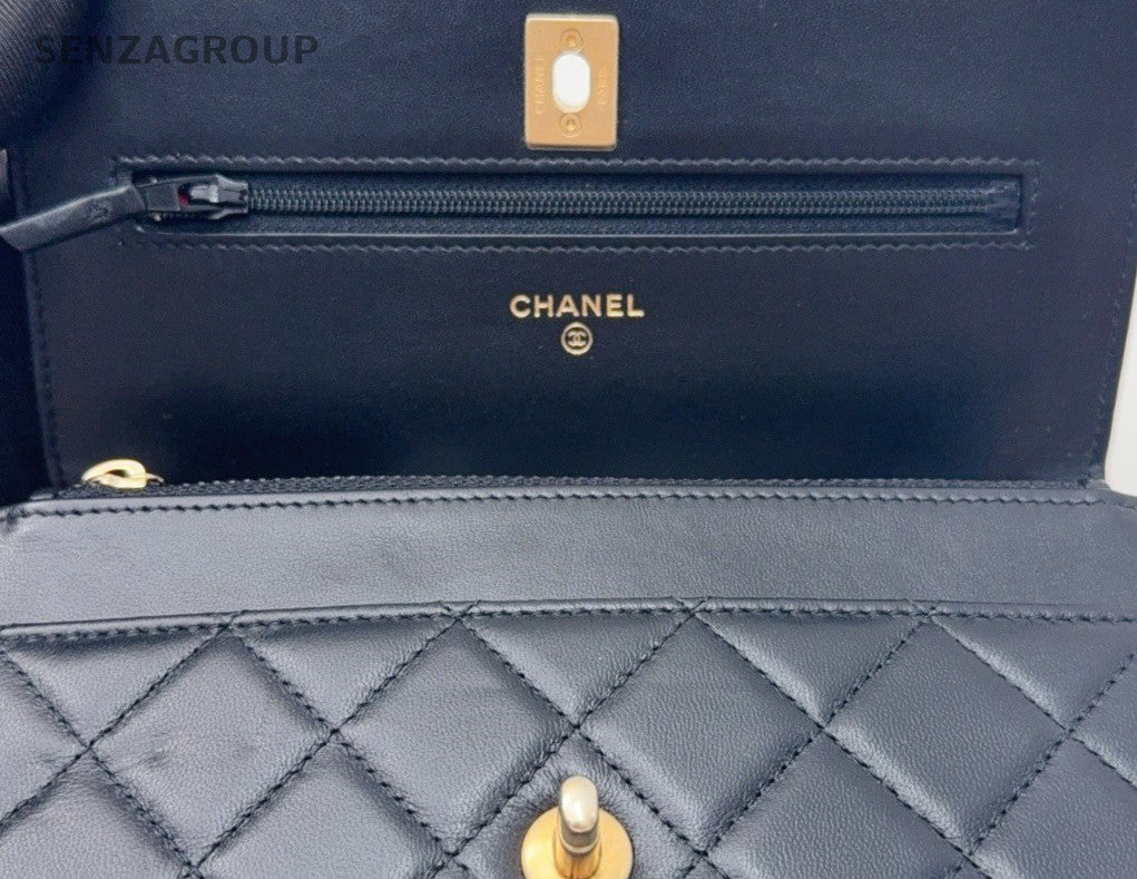 Chanel WOC Pearl Top Handle Bag Chain Shoulder Bag Black Gold Used Women