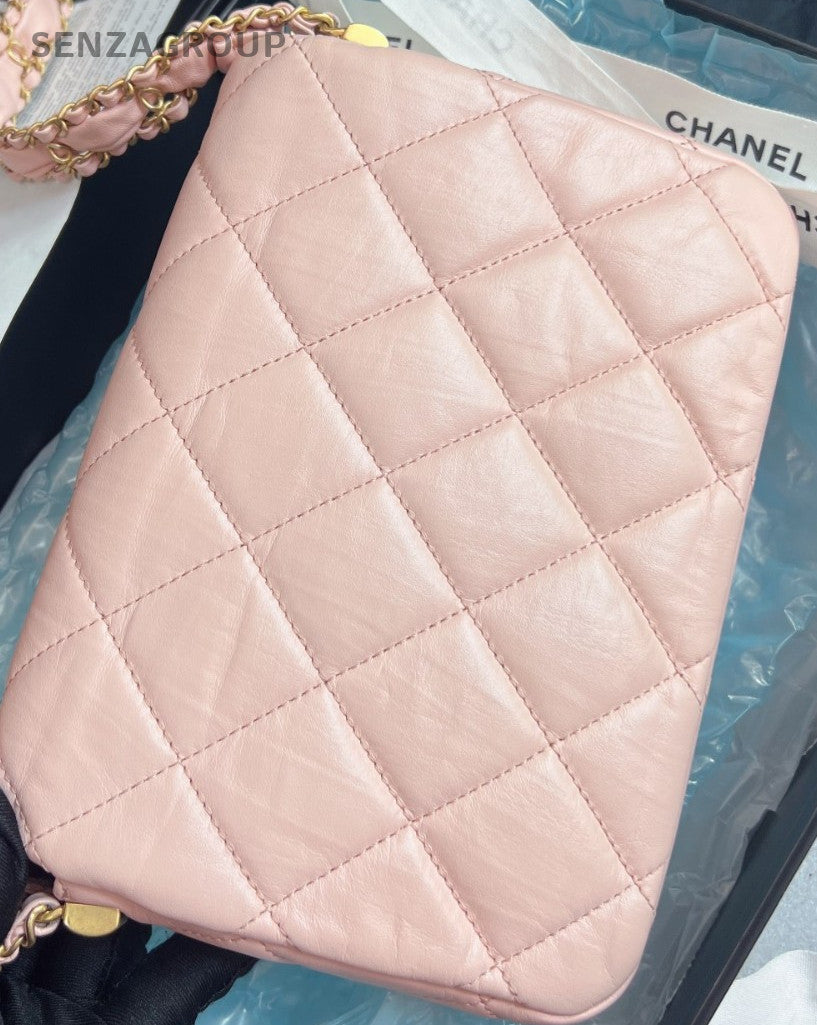 Chanel Calfskin Chain Shoulder Bag Pink Gold Used Women Classic Designer