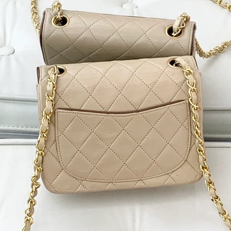 Chanel Vintage Chain Lambskin Shoulder Crossbody Bag Beige Women S