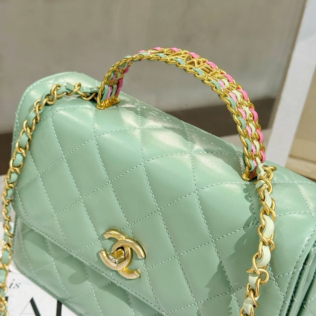 CHANEL Green Leather Top Handle Flap Crossbody Bag For Women