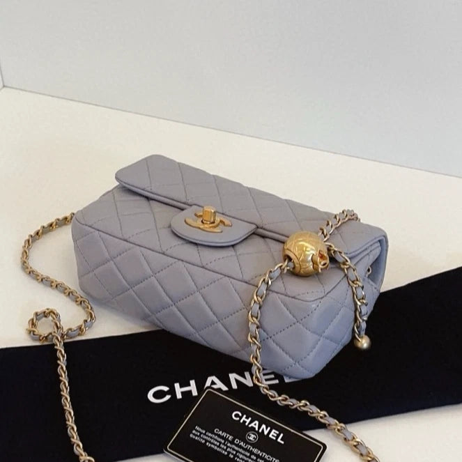 Chanel Classic Flap Mini Chain Shoulder Crossbody Gray Gold Diamond Women