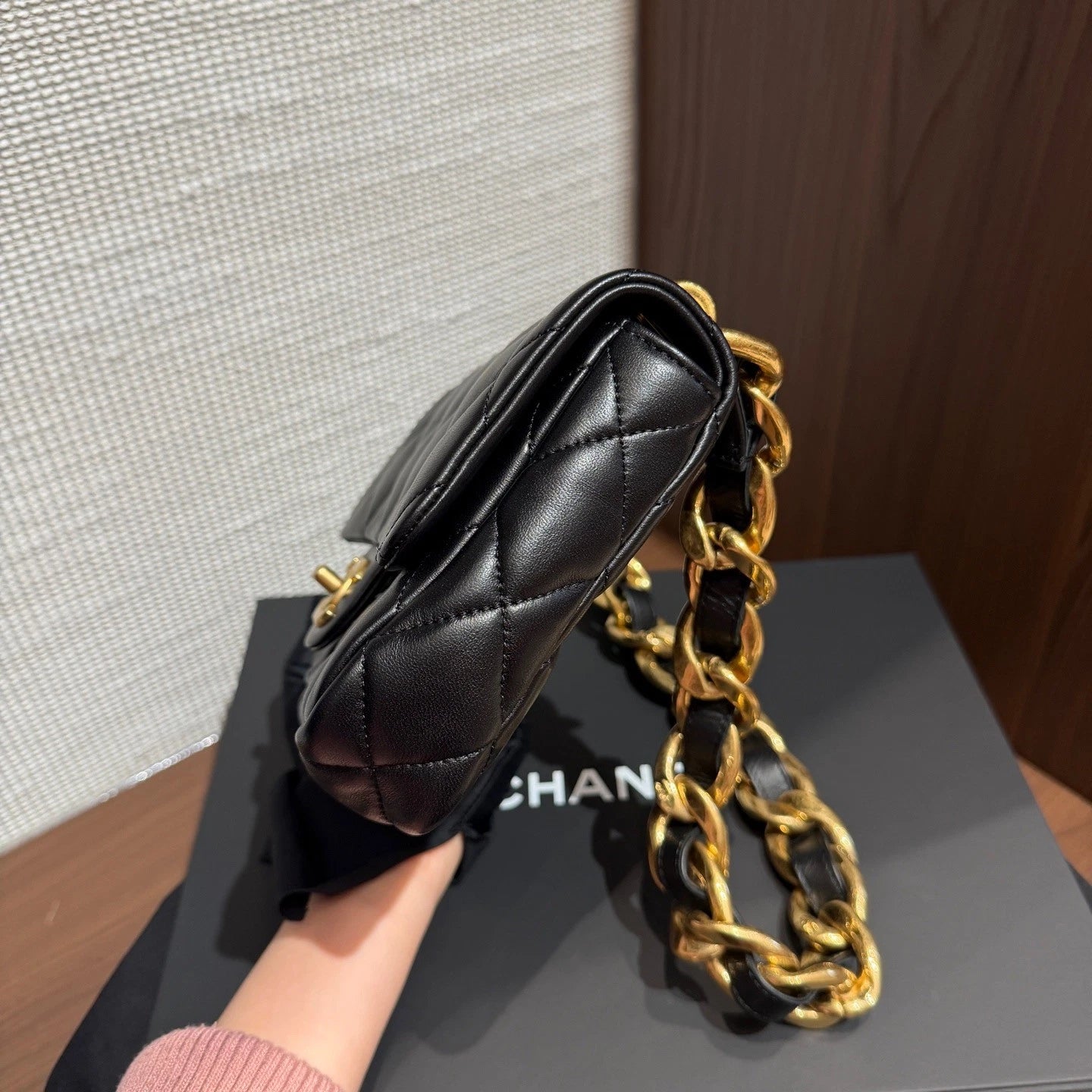 Chanel Square Flap Bag Thick Chain Crossbody Shoulder Bag Black Gold Classic