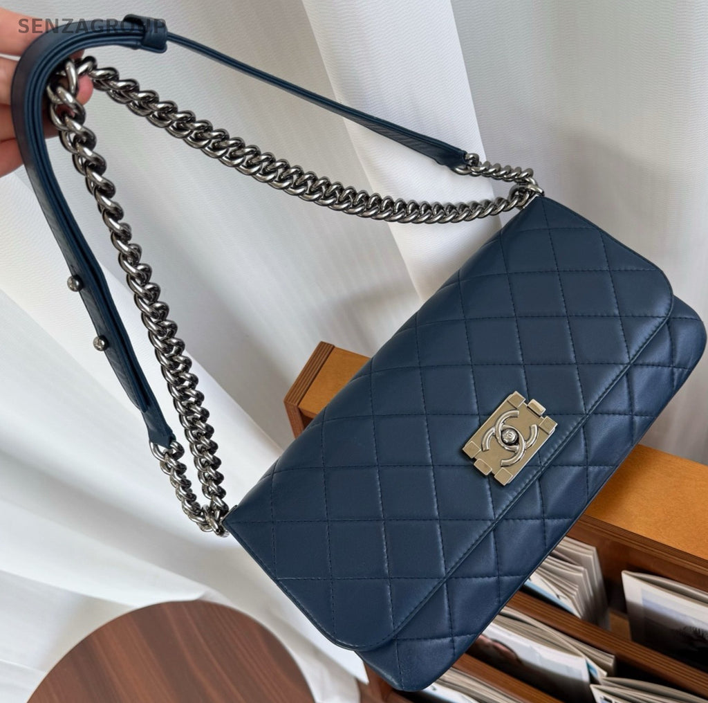 CHANEL Leboy Calfskin Chain Shoulder bag Crossbody Women Blue Silver