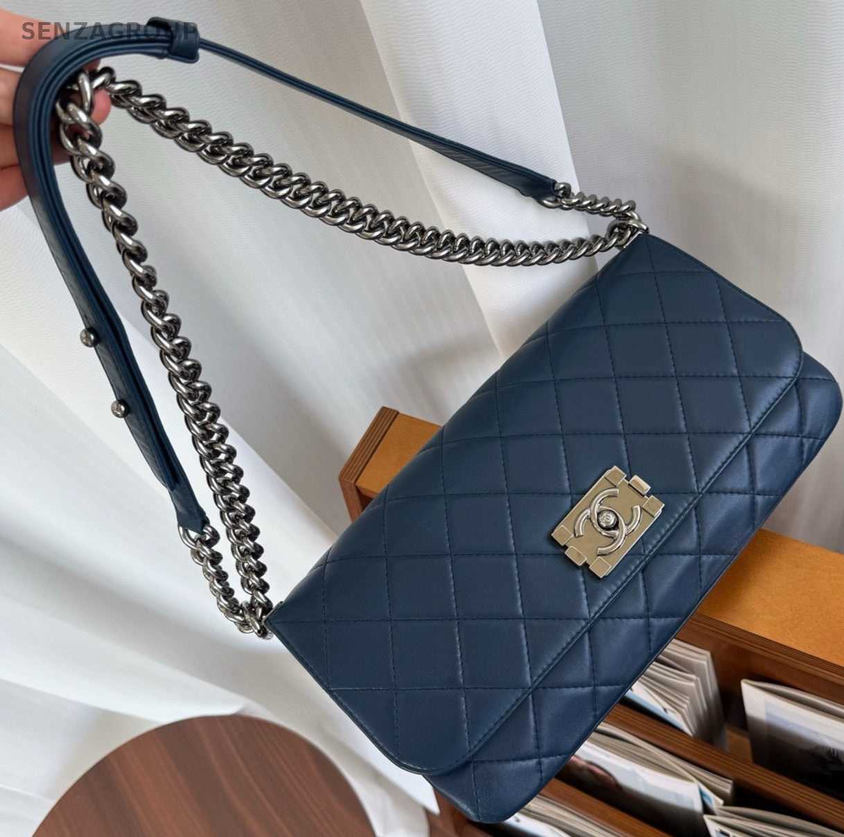 CHANEL Leboy Calfskin Chain Shoulder bag Crossbody Women Blue Silver