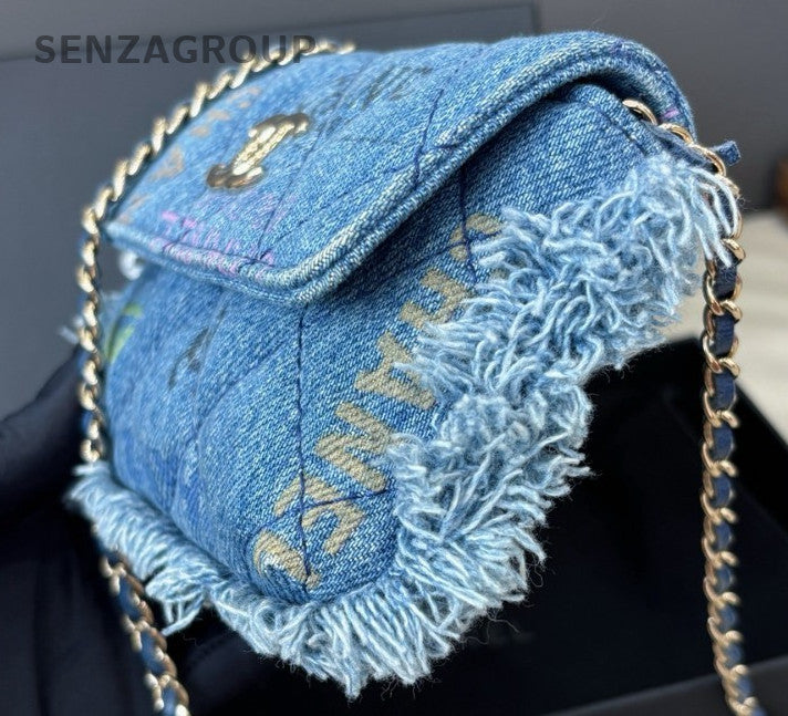 Chanel Diamond Mini Denim Chain Shoulder Bag Crossbody Blue Gold Women Classic