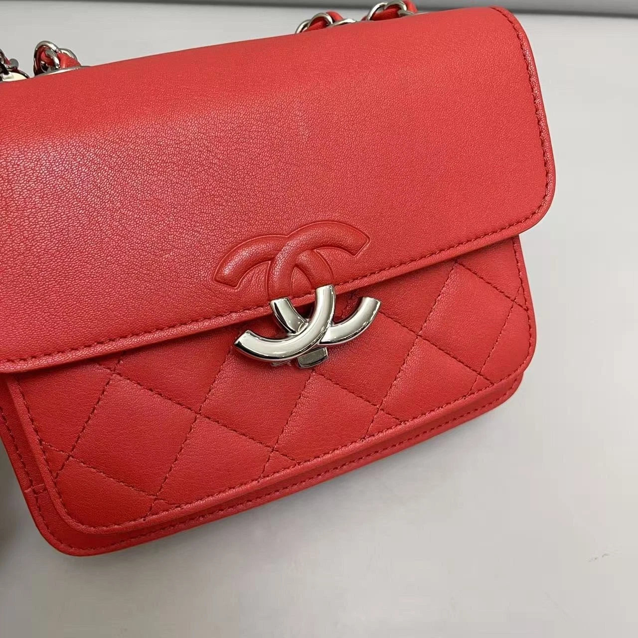 Chanel Cuba Calfskin Chain Shoulder Bag Crossbody Red Silver Women Classic