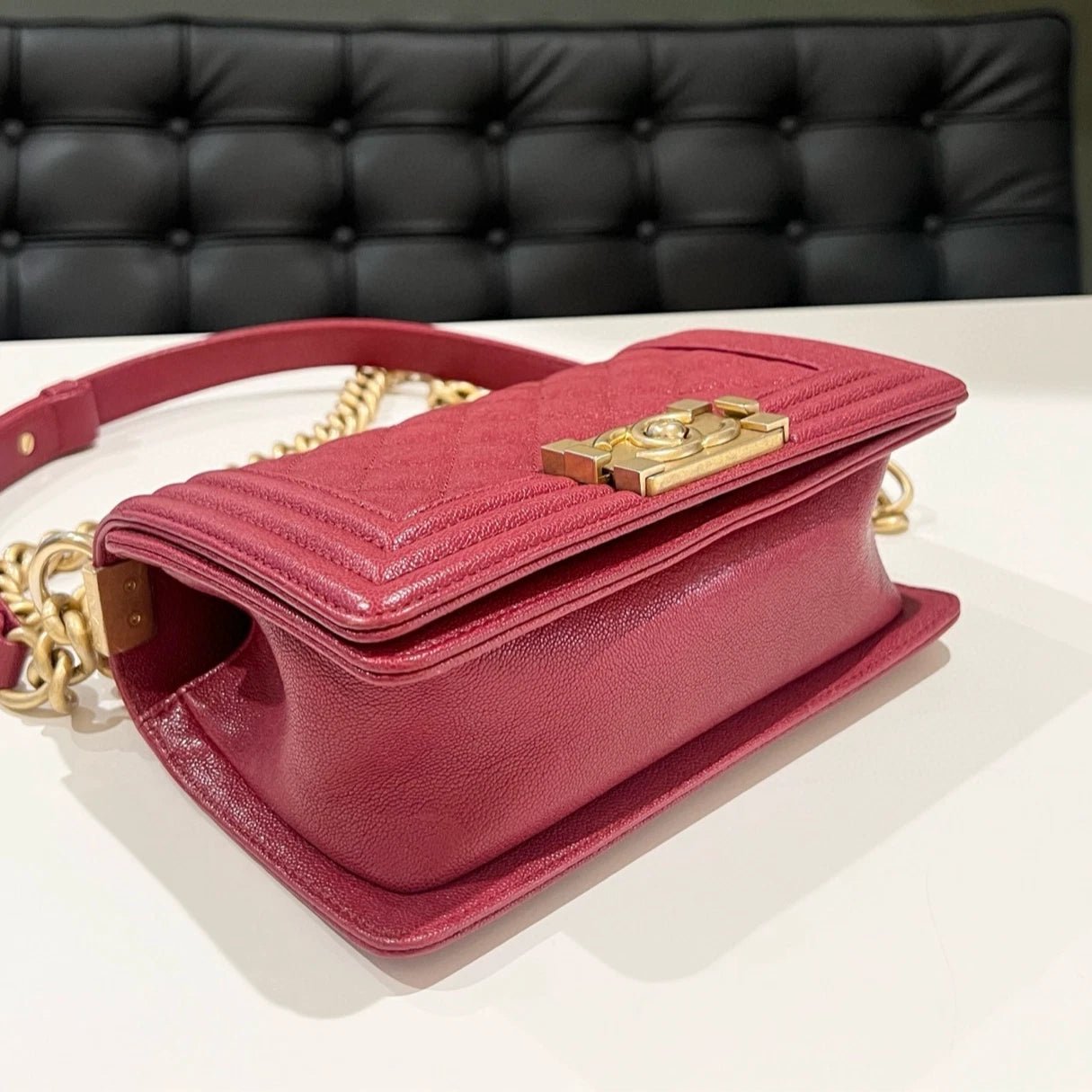 Chanel Le Boy Small Red Gold Chevron Quilted Chain Shoulder Bag
